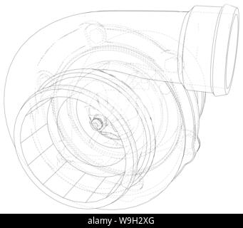 Automotive Turbolader Linie Skizze auf weißem Hintergrund. Die Leistung des Fahrzeugs Turbo. Auto Turbolader unterzeichnen. Vektor Rendering von 3d Stock Vektor