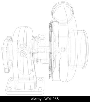 Automotive Turbolader Linie Skizze auf weißem Hintergrund. Die Leistung des Fahrzeugs Turbo. Auto Turbolader unterzeichnen. Vektor Rendering von 3d Stock Vektor