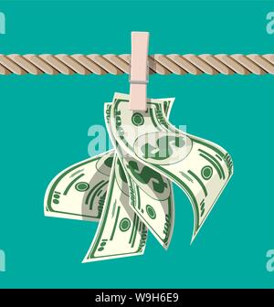 Nasse Dollarscheine hängend am Seil mit Wäscheklammer befestigt. Geldwäsche Konzept. Schmutziges Geld. Versteckte Löhne, Gehälter schwarz Zahlungen, Steuerhinterziehung, Bestechung. Zur Bekämpfung der Korruption. Flache Vector Illustration Stock Vektor