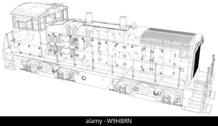 Lokomotive, Zug. EPS 10-Format. Wire-Frame Vector erstellt von 3d Stock Vektor