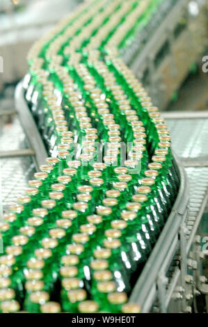 Bierflaschen auf der Produktionslinie bei TsingTao Brauerei in Qingdao, Provinz Shandong Stockfoto