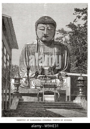 [1880s Japan - Großen Buddha in Kamakura] - Abbildung der Daibutsu (Großen Buddha) an Kotoku-in, ein buddhistischer Tempel der Shu Jodo Sekte, in Kamakura, der Präfektur Kanagawa. Die riesige aufgedeckt Bronzestatue von Amida Buddha ist eins der Besten in Japan bekannte Symbole. Veröffentlicht in der Britischen wöchentliche Illustrierte Zeitung die Grafik am 18. Juni 1881 (Meiji 14). Kunstwerke, die von den kanadischen Maler und Illustrator Charles Edwin Fripp (1854-1906). 19 Vintage Zeitung Abbildung. Stockfoto