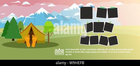 Camping Konzept waagrechten Banner. Tourismus Werbung Layout mit Bilderrahmen. Vector Illustration Stock Vektor