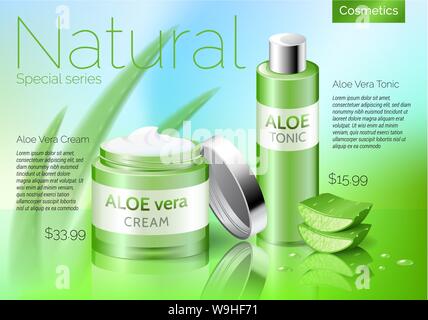 Realistische Aloe Vera Kosmetik Produkte, Flasche mit Tonic und Rahm Stock Vektor