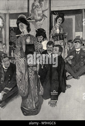 [1900s Japan - Russisch-Japanischen Krieg (1904-05)] - japanische Marineoffiziere im Russisch-Japanischen Krieg (1904-05) Spaß mit Geisha in Sasebo, Präfektur Nagasaki. Veröffentlicht in der britischen Wochenzeitung Die Grafik am 16 Juli, 1904 (Meiji 37). Die beiden Offiziere und Geisha schauen bemerkenswert Western in dieser Abbildung. 19 Vintage Zeitung Abbildung. Stockfoto