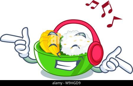 Listening Music mango klebriger Reis in der Karikatur Stock Vektor