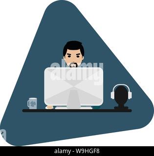Vektor Cartoon Illustration eines Menschen an seinem Computer arbeiten Stock Vektor