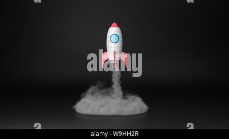 Rote und weiße Cartoon Raumschiff, die auf dunklem Hintergrund mit Kopie Raum 3D-Darstellung Stockfoto