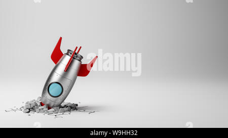 Rot und Metall Cartoon Raumschiff abgestürzt auf weißem Hintergrund 3D Illustration mit Platz kopieren Stockfoto