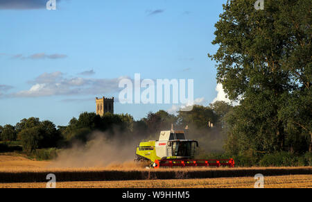 Ein Mähdrescher arbeitet in einem Feld in der Nähe von Little Milton in Oxfordshire. Stockfoto