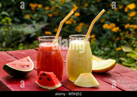 Hausgemachte nützliche Frucht Smoothies aus Wassermelone, Melone auf einem Tisch im Garten, horizontale Ausrichtung, rustikalen Stil Stockfoto