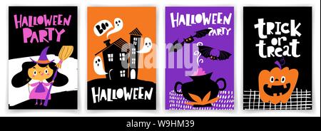 Satz von Vector Halloween Party Plakate in den Cartoon Flat Style Stock Vektor