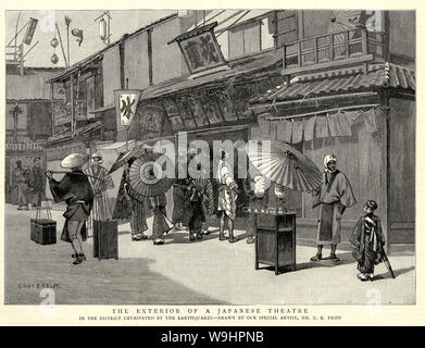 [1890s Japan - Japanische Theater] - Menschen am Eingang von einem Theater. Veröffentlicht in der britischen Wochenzeitung Die Grafik am 14. November 1891 (Meiji 24) dargestellt. Original text: "Das Äußere eines japanischen Theater." 19. Jahrhundert vintage Zeitung Abbildung. Stockfoto