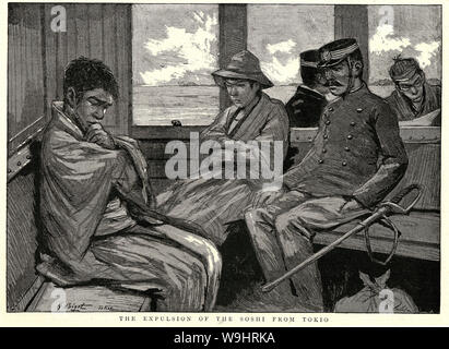 [1890s Japan - Japanische Gefangene und Polizei] - ein Polizeibeamter Escorts eine potenzielle Unruhestifter in einem Zug. Veröffentlicht in der britischen Wochenzeitung Die Grafik am 15. April 1893 (Meiji 26) dargestellt. Original Text: "Die Vertreibung der soshi (壮士) aus Tokio." aus dem 19. Jahrhundert vintage Zeitung Abbildung. Stockfoto
