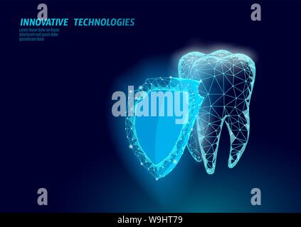 Low Poly Zahn Schutz medizinisches Konzept. Hohlraum verhindern Abschirmung Zahnpasta. Emaille Wiederaufbau der Gesundheitsversorgung. Polygonale gesunde Zahnheilkunde Verfahren Stock Vektor