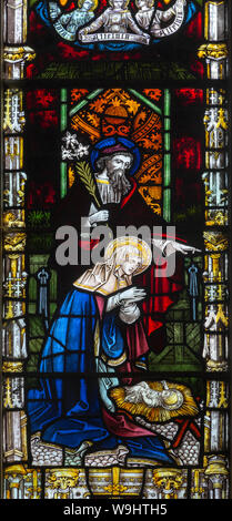 Viktorianische Glasfenster detail Krippe, everleigh Kirche, Wiltshire, England, Großbritannien von W.T. Cleobury 1873 Stockfoto