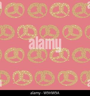 Vektor nahtlose Muster der Brezeln mit Sesam-, Salz- und Mohnsamen auf rosa Hintergrund Stock Vektor