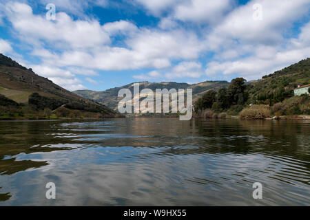 Einen malerischen Blick auf den Fluss Douro und Tal mit terrassierten Weinberge in der Nähe der Tua Dorf, in Portugal. Stockfoto