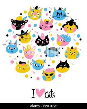 Cute vektor design mit Figuren von Katzen und Kätzchen mit Ich liebe dich Text. Stock Vektor