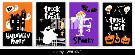 Satz von Vector Halloween Party Plakate in den Cartoon flacher Stil mit hellen Farben Stock Vektor