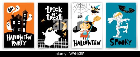 Satz von Kindern Vector Halloween Party Plakate in den Cartoon Flat Style Stock Vektor