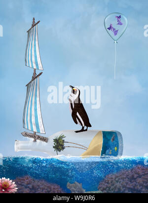 Natürlicher Lebensraum und Klimawandel Konzept: Pinguin auf eine Flasche Segeln zum Südpol Stockfoto