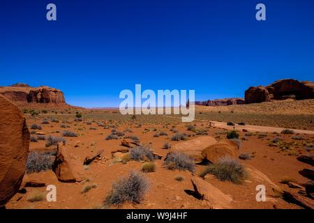 Wüste mit getrockneten Büschen und Klippen in der Ferne mit Ein klarer blauer Himmel im Hintergrund Stockfoto