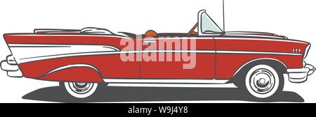 50 Der umstellbare rotes Auto mit heckflossen Seitenansicht Linie sind mit flachen Farbe Stock Vektor