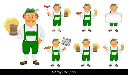 Oktoberfest, Bierfest. Fröhlicher Mann in Traditionelle bayerische Kleidung, von sieben Stellen darstellt. Vector Illustration auf weißem Hintergrund Stock Vektor