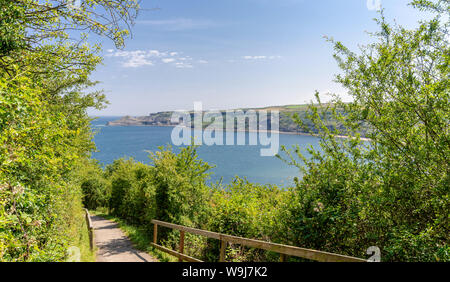 Panorama von [Songbook] Bay in der Nähe von Whitby. Ein Weg führt nach unten in eine Bucht, die einen Strand. Ein blauer Himmel ist oben. Stockfoto