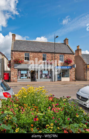 ALNESS ROSS UND CROMARTY SCHOTTLAND DORF STADT IN VOLLER BLÜTE hängende Körbe auf VICTORIANA SHOP VORNE Stockfoto