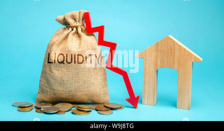 Geld beutel mit dem Wort Liquidität, Pfeil nach unten, und Haus. Unrentable Investitionen in Immobilien. Hohe Steuern. Geringer Nachfrage. Der Gehäuse oder der Vermietung Stockfoto