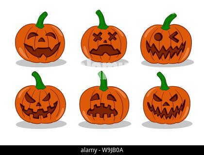 Kürbis Emoticon eingestellt. Vector Illustration Collection. Halloween Kürbis mit verschiedenen Gesichts Ausdruck. Stock Vektor