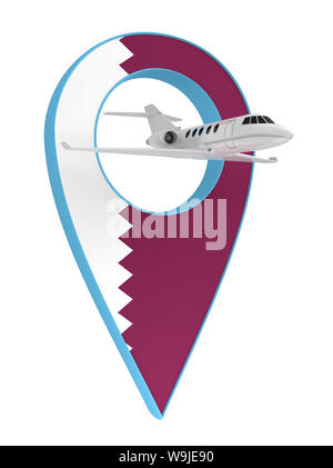 Eigenes Flugzeug mit Pin navigation Flagge Katar. 3D-Rendering Stockfoto