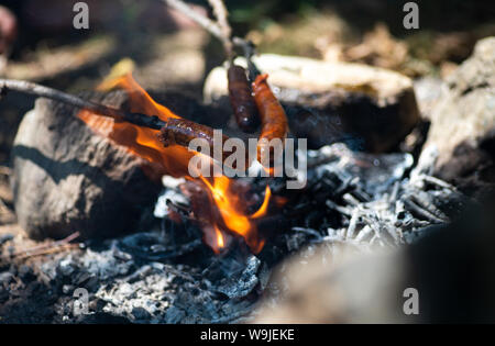 Menschen backen Würstchen auf Feuer auf einen Stock an ein Picknick Stockfoto