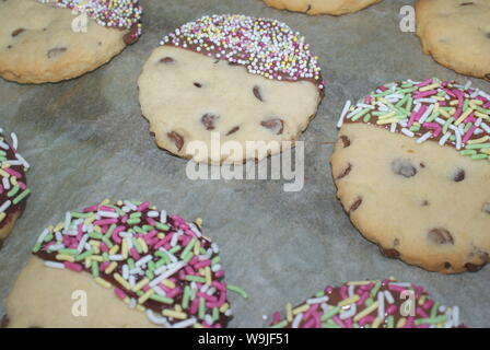 Eine Auswahl an frisch gebackenen in Schokolade getauchte Chocolate Chip Cookies auf Backpapier. Stockfoto