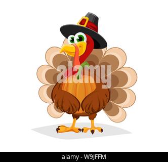 Thanksgiving Day. Lustige cartoon Charakter der Türkei Vogel in Pilgrim Hut hält Kürbis. Vector Illustration Stock Vektor