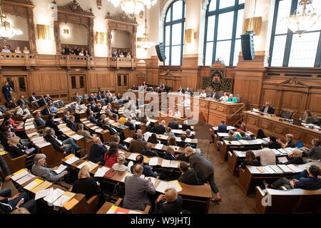 Hamburg, Deutschland. 14 Aug, 2019. Die Mitglieder des Parlaments folgen Sie der Sitzung der Hamburger Bürgerschaft im Rathaus. Heute sind die Bürger diskutieren Themen wie Schule Frieden und die Qualität der Ausbildung. Credit: Daniel Reinhardt/dpa/Alamy leben Nachrichten Stockfoto