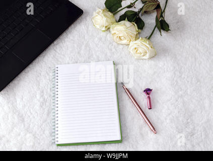 Notepad und schöne Pen auf hellem Hintergrund, weiße Rosen und ein Notebook, geeignet für Hintergrund und Schreiben. Stockfoto