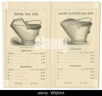 Antike 1881 Preisliste für "Brüniertem und verzinktem Blech Ware" aus dem Eisen gekleidet Manufacturing Company in Brooklyn, New York. Nellie Bly, amerikanischer Journalist, war Leiter des Unternehmens nach 1900. Stockfoto