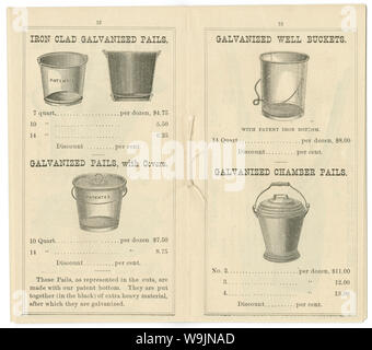 Antike 1881 Preisliste für "Brüniertem und verzinktem Blech Ware" aus dem Eisen gekleidet Manufacturing Company in Brooklyn, New York. Nellie Bly, amerikanischer Journalist, war Leiter des Unternehmens nach 1900. Stockfoto