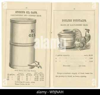 Antike 1881 Preisliste für "Brüniertem und verzinktem Blech Ware" aus dem Eisen gekleidet Manufacturing Company in Brooklyn, New York. Nellie Bly, amerikanischer Journalist, war Leiter des Unternehmens nach 1900. Stockfoto