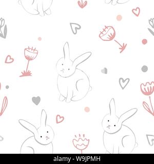 Kleine süße Häschen mit Frühlingsblumen nahtlose Muster auf weißem Hintergrund. Cute kids oder Urlaub Hintergrund. Cartoon Baby Rabbit Abbildung. Stock Vektor