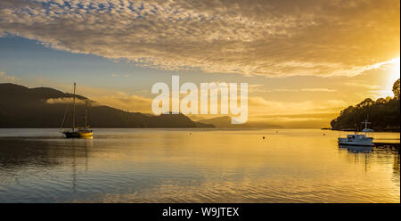 Einen goldenen Sonnenuntergang über der Marlborough Sounds, ruhiges Wasser und mehrere Boote im Vordergrund, niemand im Bild Stockfoto