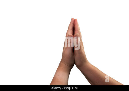 Zwei weiße Hände in einem Gebet Position gegen einen weißen Hintergrund einstellen Stockfoto