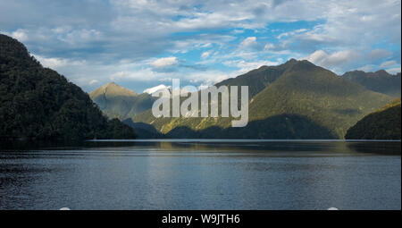 Die wunderschöne Milford Sound, Neuseeland die umliegenden Berge in dichten Wäldern niemand im Bild abgedeckt Stockfoto