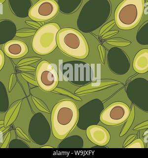 Künstlerische, bunte Avocado Vektor nahtlose Muster auf grünem Hintergrund. Ernährung Wallpaper Stock Vektor