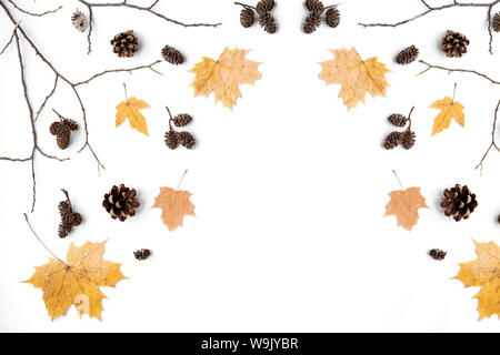 Herbst Komposition. Getrocknete Blätter, Kegel auf weißem Hintergrund. Herbst, Herbst, Thanksgiving Day Konzept. Kreative Flach, Ansicht von oben, kopieren Raum Stockfoto