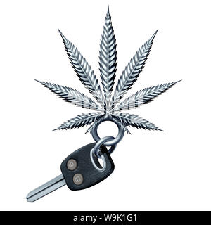 Cannabis und Straßenverkehr und Marihuana gehinderte Treiber Konzept als Sicherheit im Straßenverkehr Symbol mit dem autoschlüssel als Unkraut Blatt mit 3D-Illustration Elemente geprägt. Stockfoto