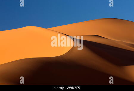 Orangefarbenen Dünen und Sand Wellen, Erg Chebbi Sand Meer, Sahara Wüste in der Nähe von Merzouga, Marokko, Nordafrika, Afrika Stockfoto